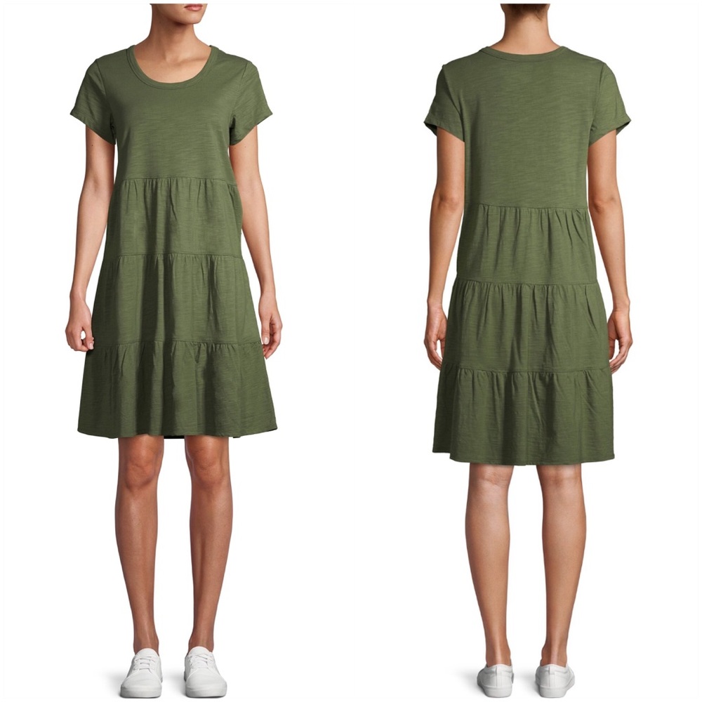 NWT Time and Tru Olive Green Flutter Tiered Dress